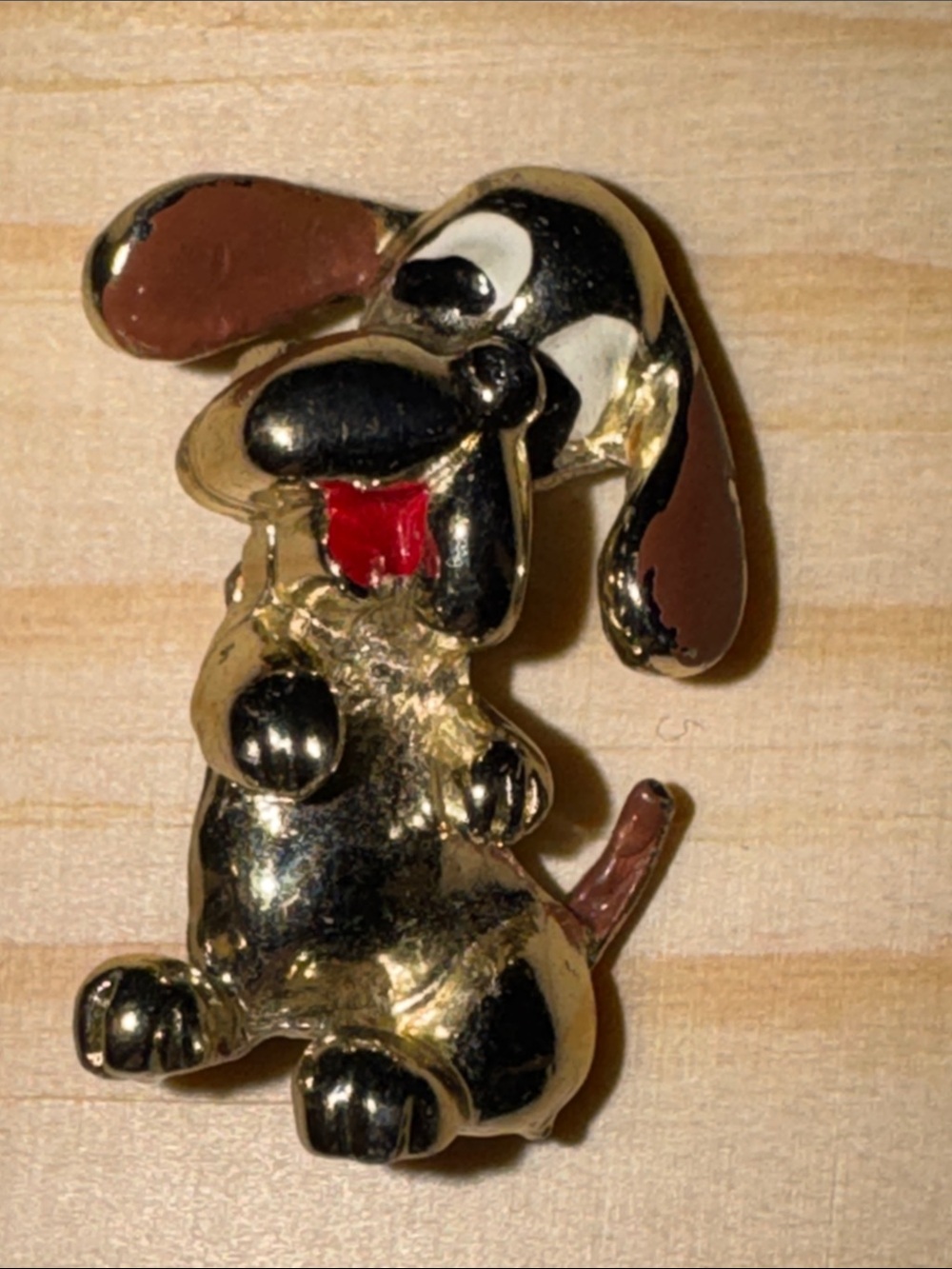 Gold-Tone Cartoon Dog Brooch with Brown & Red Accents